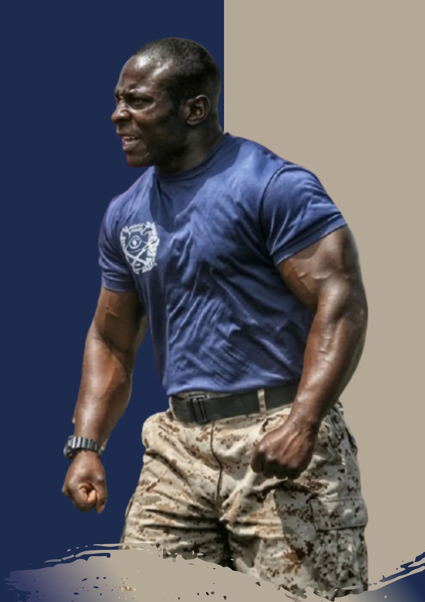 Aubrey L. McDade Jr., mid-stride in a blue t-shirt and camouflage trousers